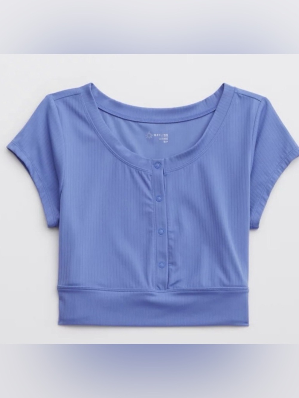 Aerie Offline Short Sleeve Snap-Front Crop Top in Cobalt Blue